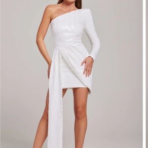open lace back dress White Sequin One Shoulder Long Sleeves Mermaid Long Evening Prom Dress   MarryLover